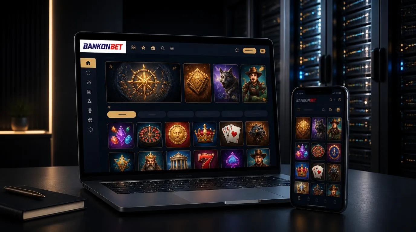Ekran platformy z kafelkami gier na laptopie i telefonie oraz wizualizacją zaplecza technicznego